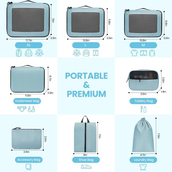 Набір органайзерів для одягу в подорож Packing Cubes для валізи, 10 шт, легкі органайзери для багажу та аксесуарів (Блакитно-зелений, Trace Of Paradise)