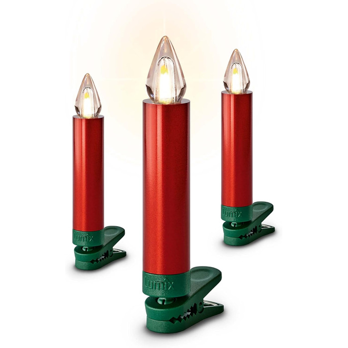Світлодіодні свічки для ялинки Lumix® SuperLight Flame Metallic Mini Red 9cm, тепле біле світло, набір 12 шт. з пультом керування, 77146