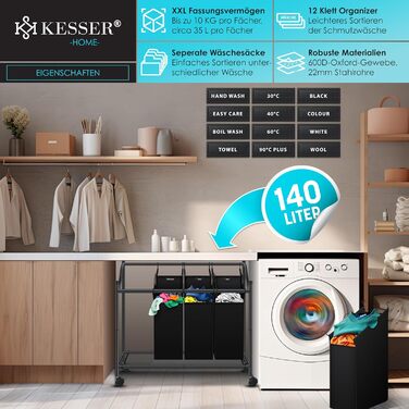 Кошик для білизни KESSER з 4 знімними мішками для сортування | 4 відділення по 35 літрів | Чорний кошик для білизни з колесами та гальмами