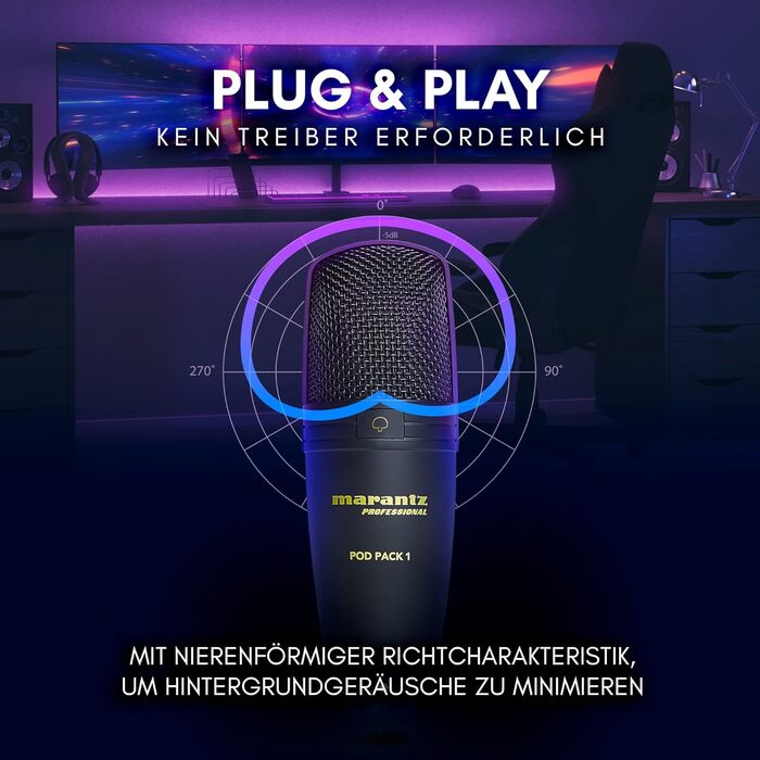 Мікрофон конденсаторний Marantz Professional MPM-1000U з великою мембраною, USB, з нирковим характером для подкастів, студії, геймінгу, з кабелем USB та кліпсою для мікрофона (Pod Pack 1)