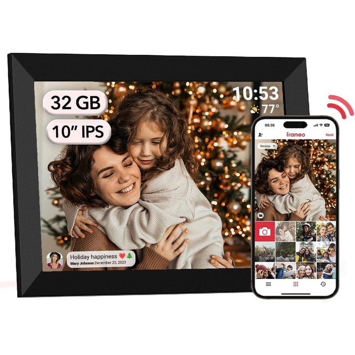 Цифровий фоторамка FRAMEO з Wi-Fi, 32GB, 10.1 дюйма, сенсорний екран, автоповорот, датчик руху, додаток Frameo