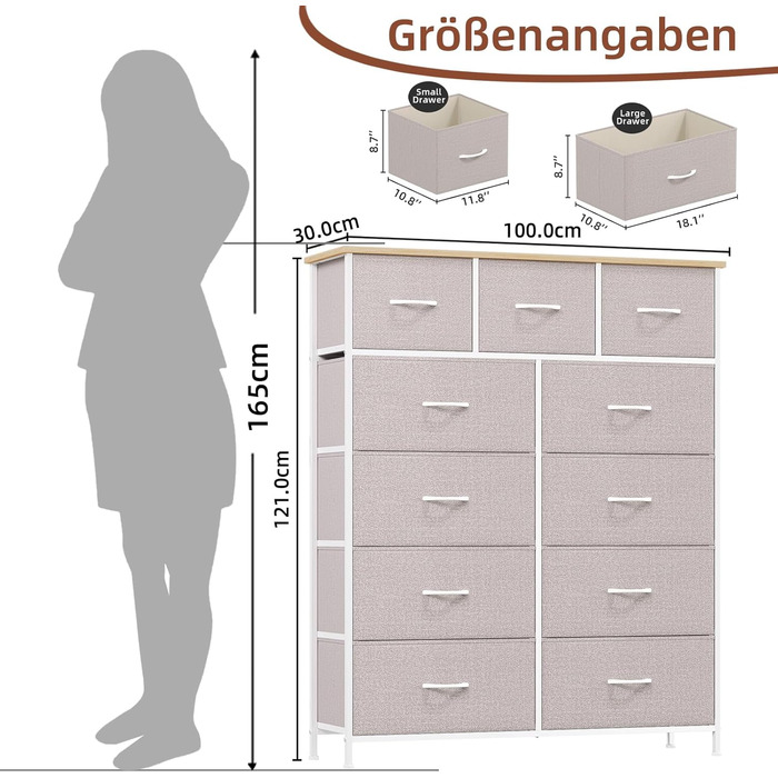 Тумбочка Somdot з висувними ящиками, тканинна тумбочка, тумбочка для спальні, вітальні, коридору, шафа з ящиками, 5 тканинних ящиків, білий колір, штучна шкіра (сірий, 30T x 100B x 118.5H см (11 ящиків))