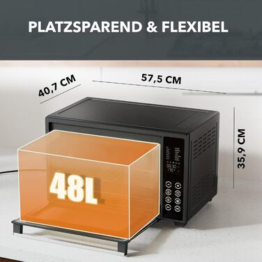 Багатофункціональна міні-піч Heinrich's з об'ємом 48л, конвекція, таймер 8год, підсвітка, 100-230°C, сенсорне керування, з аксесуарами, чорна, 2000W