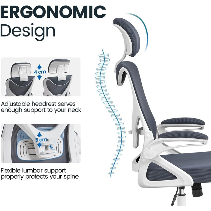Ергономічне офісне крісло Yaheetech, складні підлокітники, регульований підголівник, до 136 кг (білий/сірий)