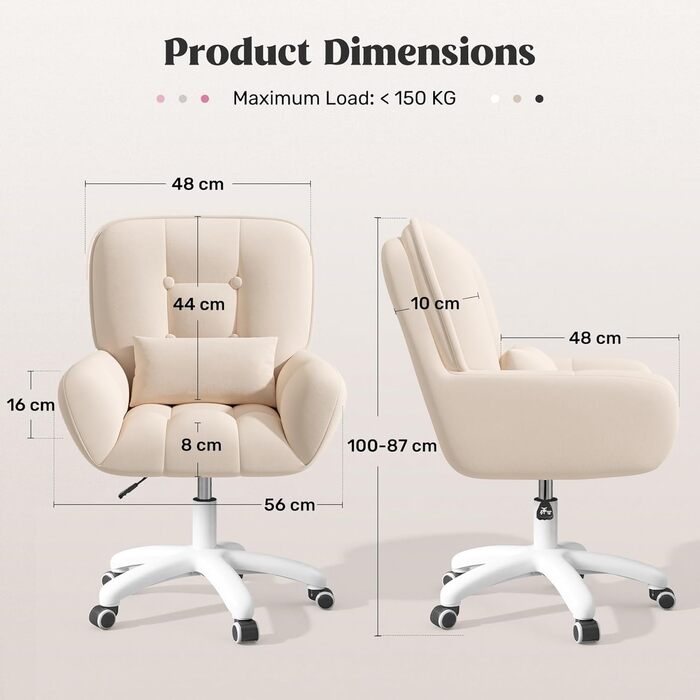 Ергономічне крісло 2-в-1 для дому та офісу: обертове, регульоване по висоті, з подушкою, велюр, бежеве