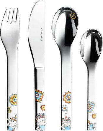 Дитячий посудовий набір Puresigns MOEMA 7-piece – Яскравий дизайн у стилі Дикого Заходу з вождем 'Мирна Корова' – Якісний нержавіючий сталь та порцеляна – Ідеально для днів народжень та особливих подій