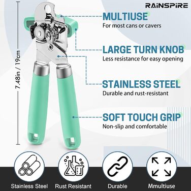 Відкривач консерв Rainspire: ручний, міцний, з гладким краєм, з відкривачем для пляшок, рожевий (м'ятно-зелений)
