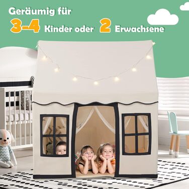 Дитячий намет DREAMADE з гірляндою та килимком, намет Тіпі, дитячий будиночок з вікнами, намет для хлопчиків та дівчаток, для дому та вулиці (Бежевий + Чорний)