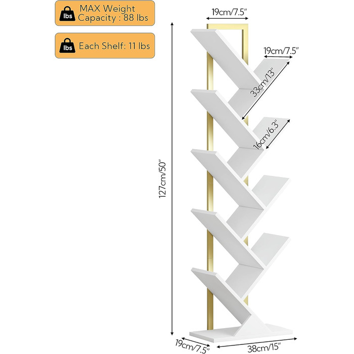 Книжкова шафа Yusong Tree, геометрична, сталева труба, 9 ярусів, біла, для вітальні/спальні/офісу