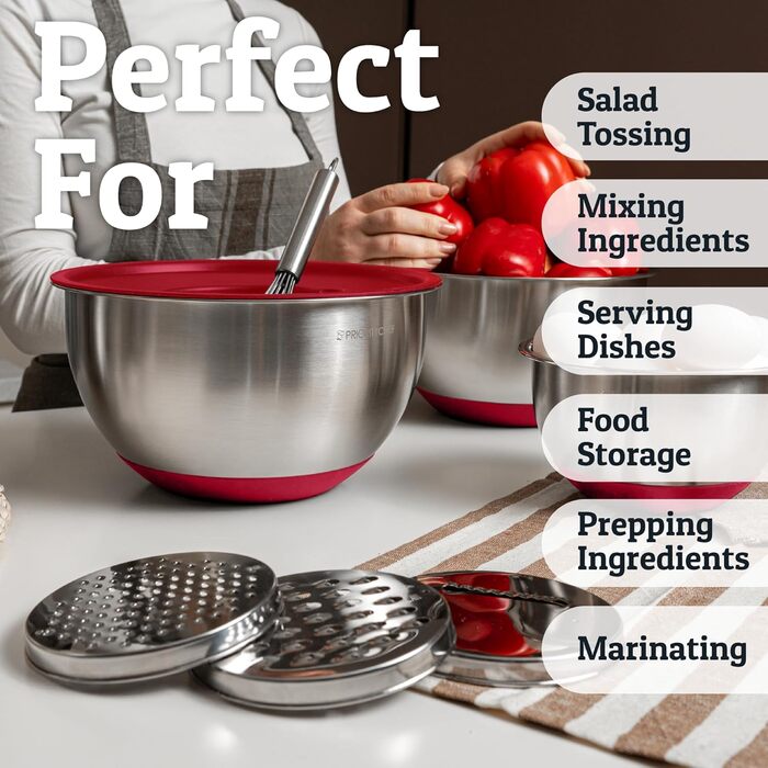 Набір місок для змішування PriorityChef з нержавіючої сталі з кришками, 3 терки, герметичні кришки, силіконова нековзна основа, набір місок для кухні, великі металеві міски для приготування їжі, зелений колір