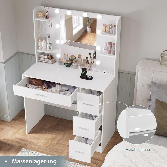 Трюмо TEENFON з дзеркалом та підсвічуванням, біле. 4 шухляди, 4 відкриті полиці, 5 гачків для прикрас.