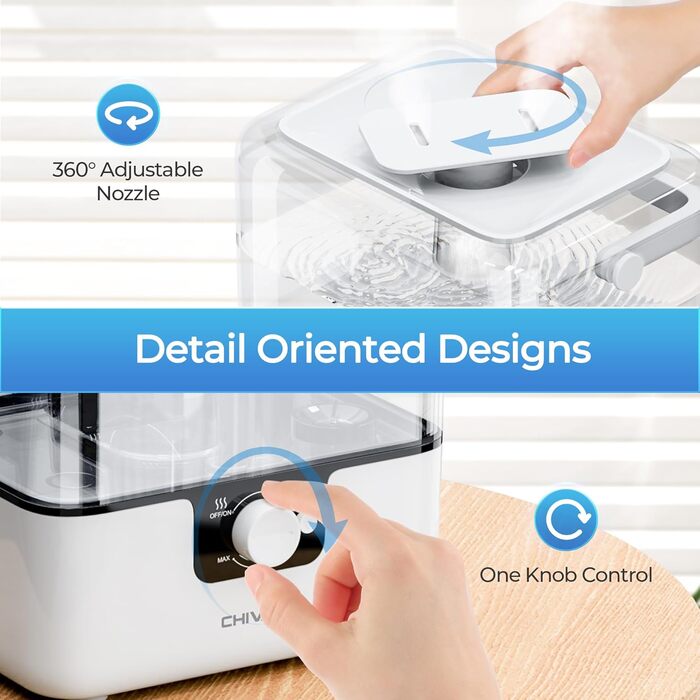 Зволожувач повітря Chivalz Top Fill для великих кімнат 6л з нічником, обертовою на 360° форсункою, 50 год роботи, аромадифузор для спальні, дитячої, рослин, немовлят, білий + 2 виходи туману