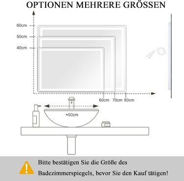 LED дзеркало для ванної кімнати KLGFI з підсвіткою, сенсорним вимикачем та функцією антизапар, 50 x 70 см