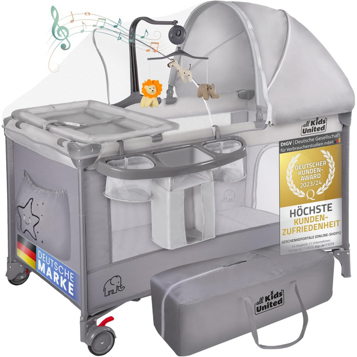 Дитяче ліжко-манеж All Kids United® для подорожей з матрацом, пеленальним столиком, музичним провідником та мобілем (сірий)