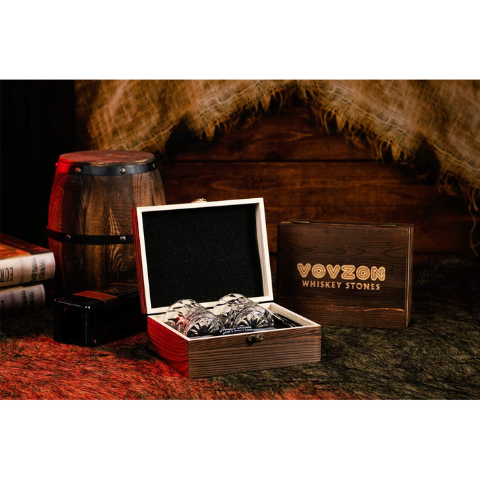 Камені для віскі з келихами подарунковий набір для чоловіків-8 охолоджуючих каменів для віскі, шотландського бурбона, 2 склянки для віскі в дерев'яній коробці-Wei