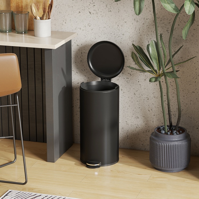 Відро для сміття 30 л з педаллю, внутрішнім відром, м'яким закриттям та кришкою. Розміри: 36 x 30 x 63,5 см, колір: чорний.