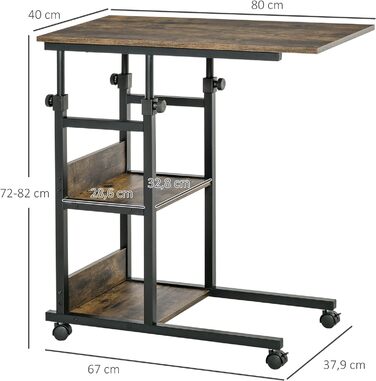 Журнальний столик HOMCOM з коліщатками, регульована по висоті тумбочка з 2 нижніми полицями, диванний стіл для їдальні, вітальні, метал, коричневий, 80x40x72-82 см