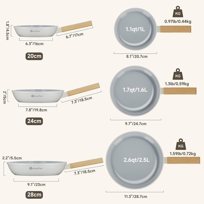 Набір сковорідок Scheffler 20/24/28 см: антипригарне покриття, для всіх плит, включаючи індукційну