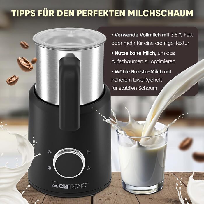 Електричний пінозбивач Clatronic MS 3812 | з підігрівом | для теплих та холодних напоїв | 740 мл | Чорний-inox | Модель 2024