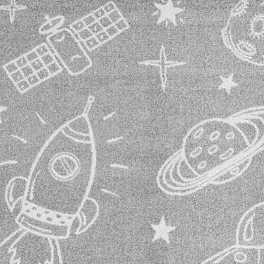 Килим Dream Grey Space Play Килим з білими космічними кораблями та планетами для пригод у дитячій кімнаті Розмір (120 см круглий)