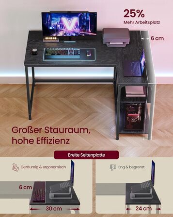 Настільний комп'ютерний стіл VASAGLE L-подібної форми з полицею, для дому та офісу, 110 x 80 см, чорний, без розетки