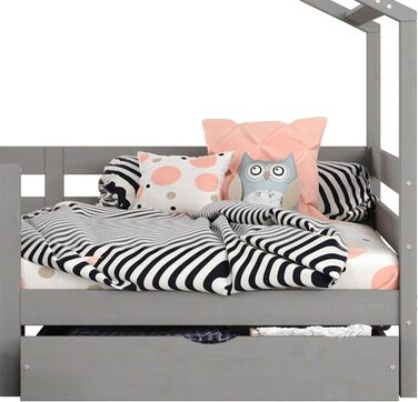 Ліжко для дому IDIMEX ENA з масиву сосни, красиве ліжко Монтессорі 90 х 200 см, дитяче ліжечко із захистом від падіння, стійке ігрове ліжко з дахом та 2 шухляди сірого кольору
