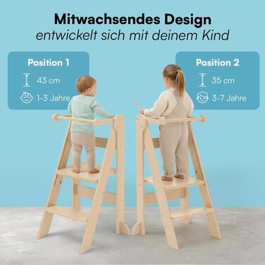 Bellabino Tay: Навчальний столик-лесенка для дітей від 1 року - Білий, регульований, Монтессорі, з захистом від перекидання, з натурального дерева, для безпечного самостійного навчання