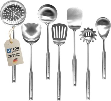 Набір кухонних помічників 7 шт. з нержавіючої сталі - високоякісні кухонні аксесуари для вока та кухні (ложка для подачі, шумовка, лопатка, лопатка для риби, половник, ложка для спагеті, лопатка для вока)