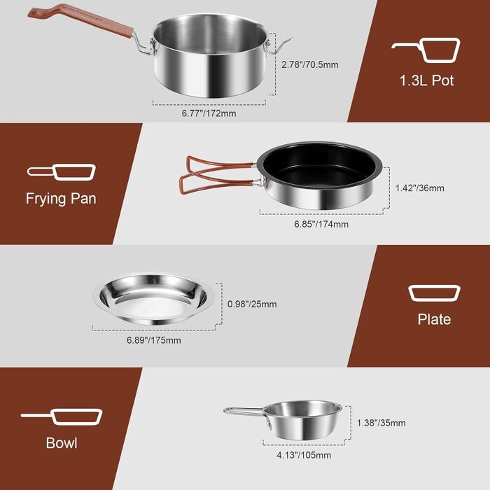 Набір посуду для кемпінгу Odoland: каструля, сковорода, тарілки, миски, столові прибори (10 шт.) з антипригарним покриттям та шкіряним чохлом