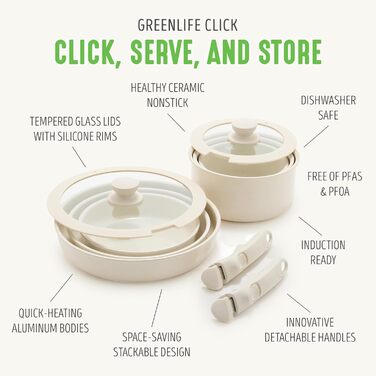 Набір кухонного посуду GreenLife 10 предметів з антипригарним покриттям, знімними ручками та стійким до утворення накипу, нетоксичний, без PFAS, для індукційних плит, економний, з сервірувальними тарілками