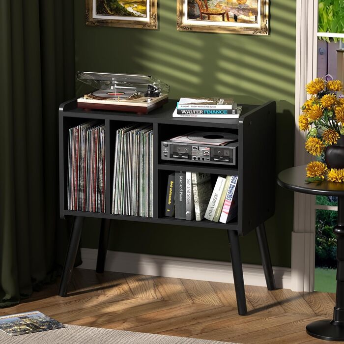 Стіл для програвача вінілу, стійка для програвача середини століття з місцем для зберігання до 150+ платівок, шафа для платівок з регульованими полицями, чорний