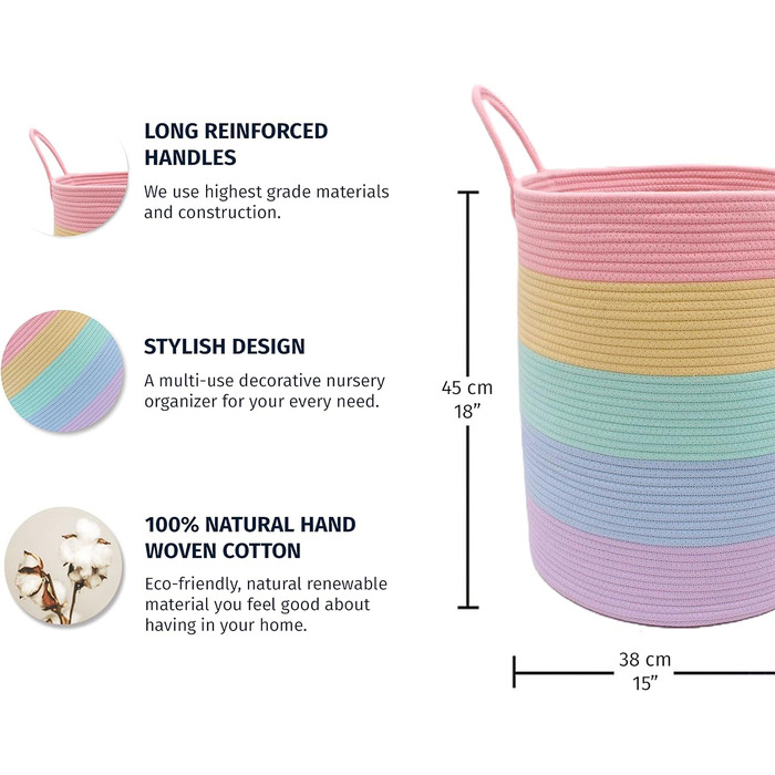 Кошик для зберігання бавовняної мотузки OrganiHaus з ручками 50x33 Барвиста прикраса для зберігання дитячих іграшок та організації Кошик для брудної білизни Кошик-органайзер для іграшок (L, пастельна веселка)