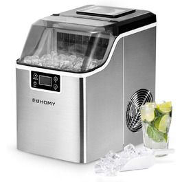 Машина для приготування льоду EUHOMY з нержавіючої сталі, 24 кубики за 13 хвилин, 24 кг/24 год, самоочисна, 3.2 л, з лопаткою та кошиком для дому/кухні/офісу/бару/RV, срібна