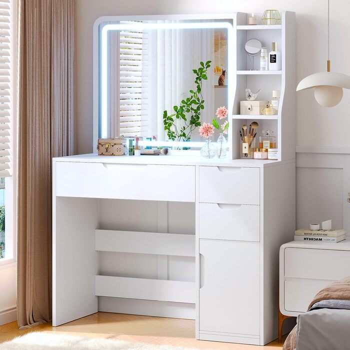 Білий туалетний столик для макіяжу з LED-підсвічуванням та дзеркалом | 3 ящики, 3 полиці, шафка | Столик для макіяжу для спальні