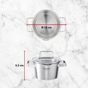 Каструля Meisterkoch з нержавіючої сталі 16 см з виливом, мірною шкалою та ізольованою ручкою | з кришкою з скла та ситом | кухонне приладдя, підходить для індукційних плит