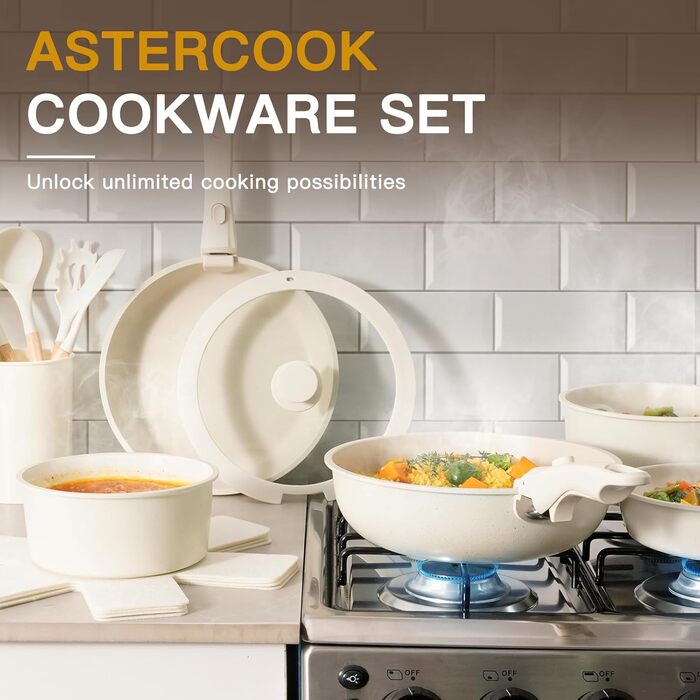 Набір посуду Astercook 21 предмет: каструлі та сковорідки з антипригарним покриттям, керамічний набір посуду, знімні ручки, для дому та кемпінгу, сумісний з індукцією, можна мити в духовці, стійкий