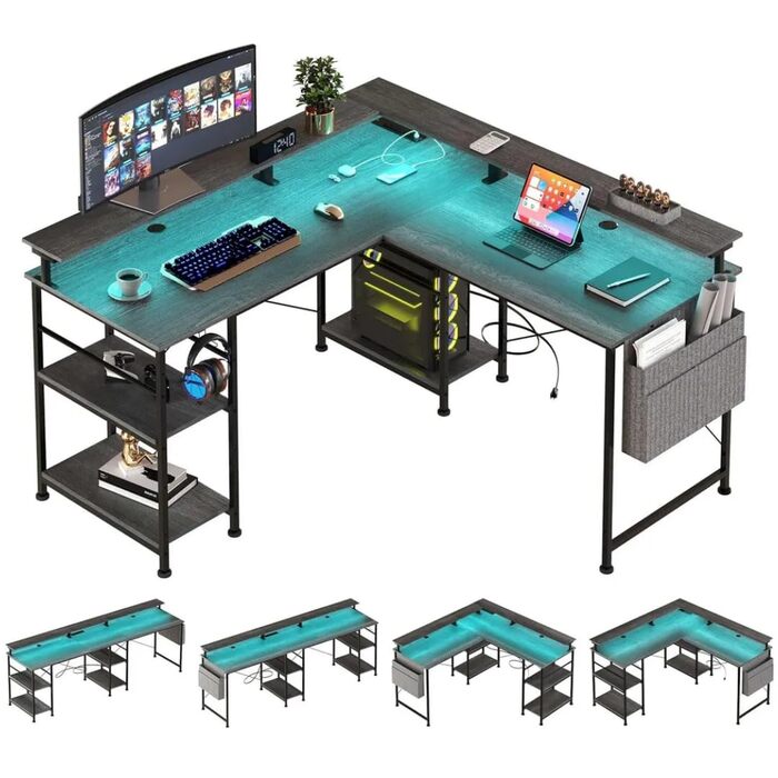 Кутовий ігровий стіл L-подібний з LED-підсвічуванням та розетками, 140x140 см, сірий, з полицями та кишеньками для дому та офісу