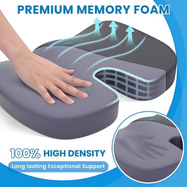 Подушка для сидіння TushGuard: для офісного крісла, авто, з Memory Foam, протиковзка, сіра, велика