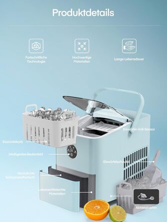 Льодогенератор FOHERE 14 кг/24 год, швидке виробництво льоду (5 хв), 2 розміри кулеподібного льоду, самоочищення, з ручкою, лопаткою та кошиком, для дому, офісу, вечірок (BabyBlue)