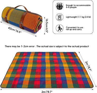 Ковдри для пікніка 200 x 200 см дуже велика ковдра для пікніка вуличний килимок для мобільного телефону водонепроникна ковдра сімейний вуличний дорожній килимок портативний трав'яний ковдру піщаний пляжний килимок (в клітку з веселкою)