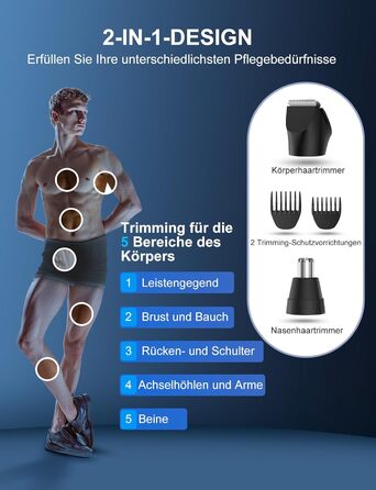 Інтимна бритва для чоловіка 2-в-1 безболісна, акумуляторна бритва для тіла з тример для волосся в носі, водонепроникна