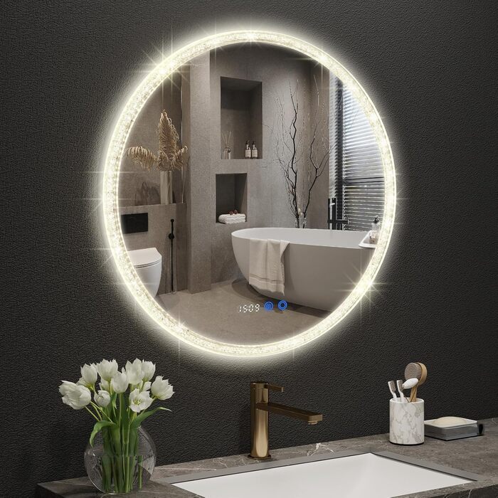 Дзеркало для ванної кімнати YOURLITE з підсвічуванням, діаметр 60 см, LED, 3 кольори, регулювання яскравості, сенсорна кнопка, антизапар, пам'ять, IP44, срібний