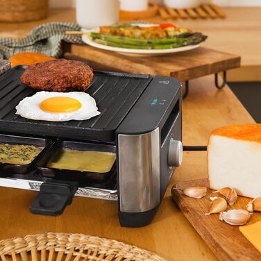Електричний гриль-рашетниця Cecotec Raclette Cheese&Grill 16000 Inox Black для 8 осіб, 1400 Вт, з регулюванням температури та антипригарним покриттям, 40 x 22 см, 8 сковородок та 8 лопаток