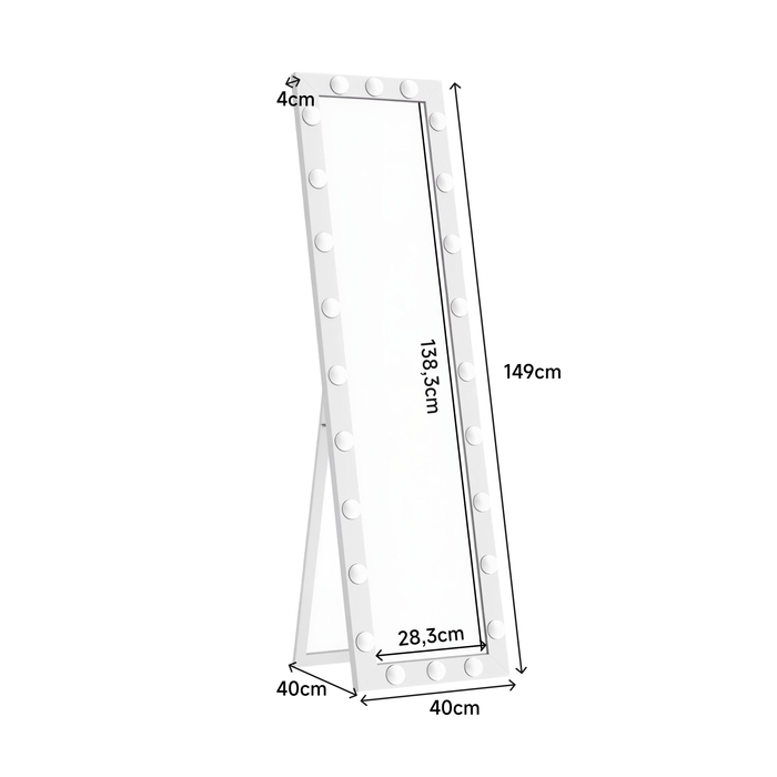 Дзеркало у повний зріст 150x40 см з LED-підсвічуванням та 24 лампочками, 3 кольори світла, підлогове, настінне або похиле. Білий колір.