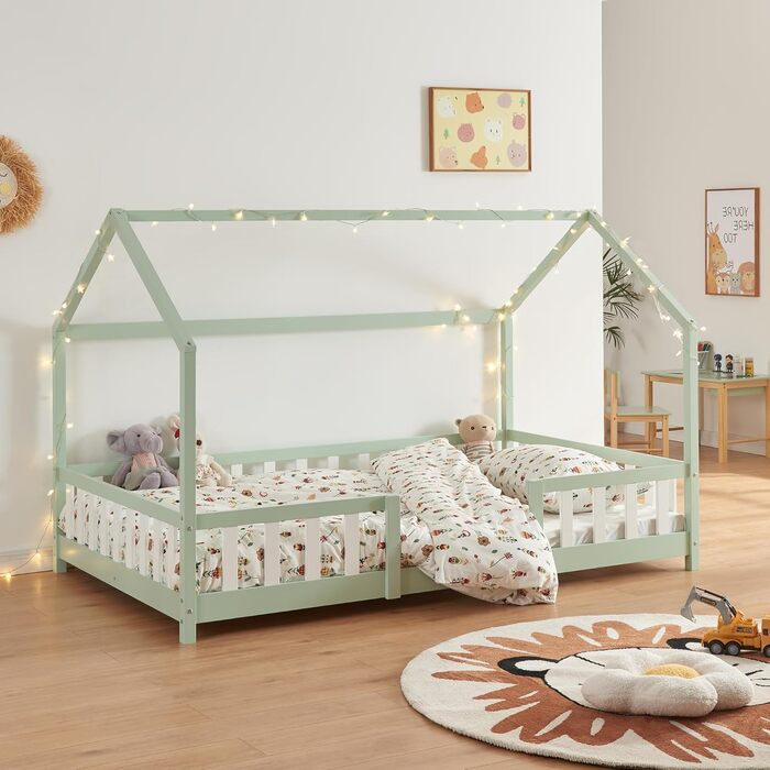 Дитяче ліжко Sisimiut Hausbett Montessori від en.casa з бар'єром безпеки. Дерев'яне ліжко для дітей, ліжко-платформа, сосна, світло-сірий/білий, 140 x 200 см (без матрацу)