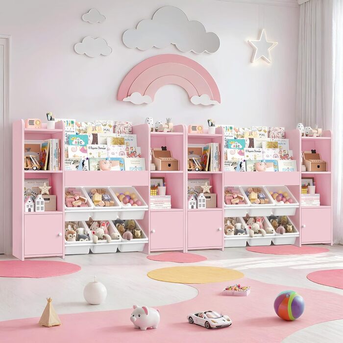 FOREHILL Дитяча полиця-стеллаж для іграшок та книг з 6 ящиками, 119 x 29,5 x 94 см, білий (рожевий)