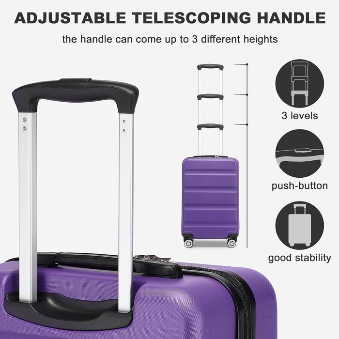KONO Чемодан-валіза ручної поклажі, 55x35x22 см, 3 шт. (фіолетовий) з TSA-замком та подвійними коліщатками для подорожей та бізнесу