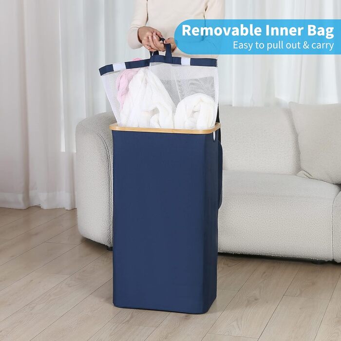 Кошик для білизни з кришкою Efluky, 100 л, блакитний, XL, з бамбуковими ручками та внутрішніми кишенями для сортування