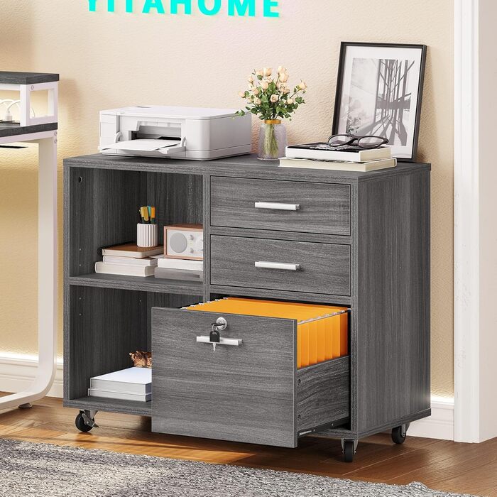 Шафа для документів YITAHOME з 3 висувними ящиками, на коліщатках, для дому та офісу, з полицями для A4, з замком, сірого кольору