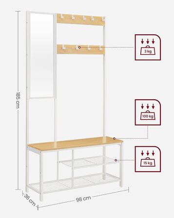 Дзеркало-вішалка VASAGLE HSR415B01 з банкеткою та полицею для взуття, 35 x 98 x 180 см, індустріальний дизайн, вінтажний колір